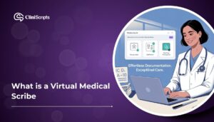 Healthcare professional using a virtual medical scribe platform for efficient therapy notes and clinical documentation.