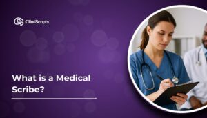 A medical professional explaining what is a medical scribe to a new clinic staff member during training.