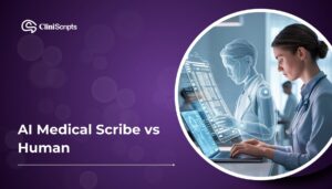 Comparison of AI medical scribe vs human: Exploring the benefits of AI in medical documentation and workflow optimization.