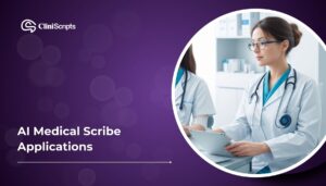 Healthcare professional using an AI medical scribe application on a laptop to transcribe clinical documentation and therapy notes in real-time.