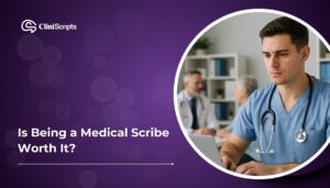 Confident medical scribe taking clinical notes beside doctor in busy hospital