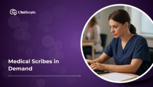 Medical scribes in demand working in a healthcare setting, documenting patient information and supporting clinical workflows